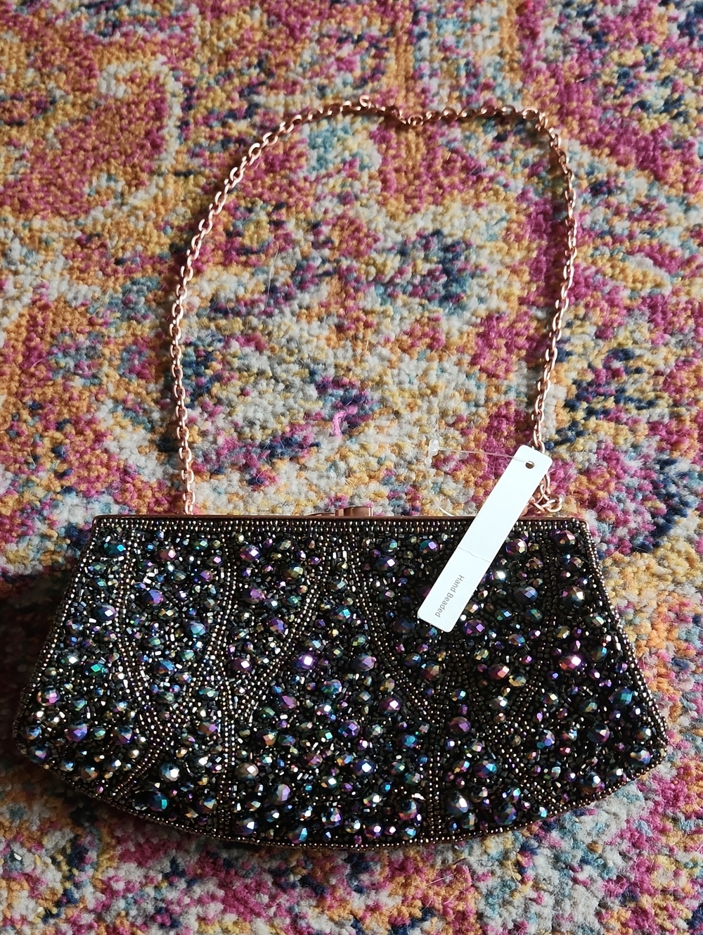 Glint Hand Beaded Evening Clutch Bag with Chain Strap - Black Iridescent